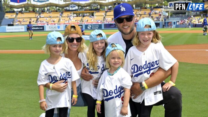Matthew Stafford (9) with his wife Kelly with their 4 daughters on the field prior to the game between the Los Angeles Dodgers and the Atlanta Braves at Dodger Stadium.