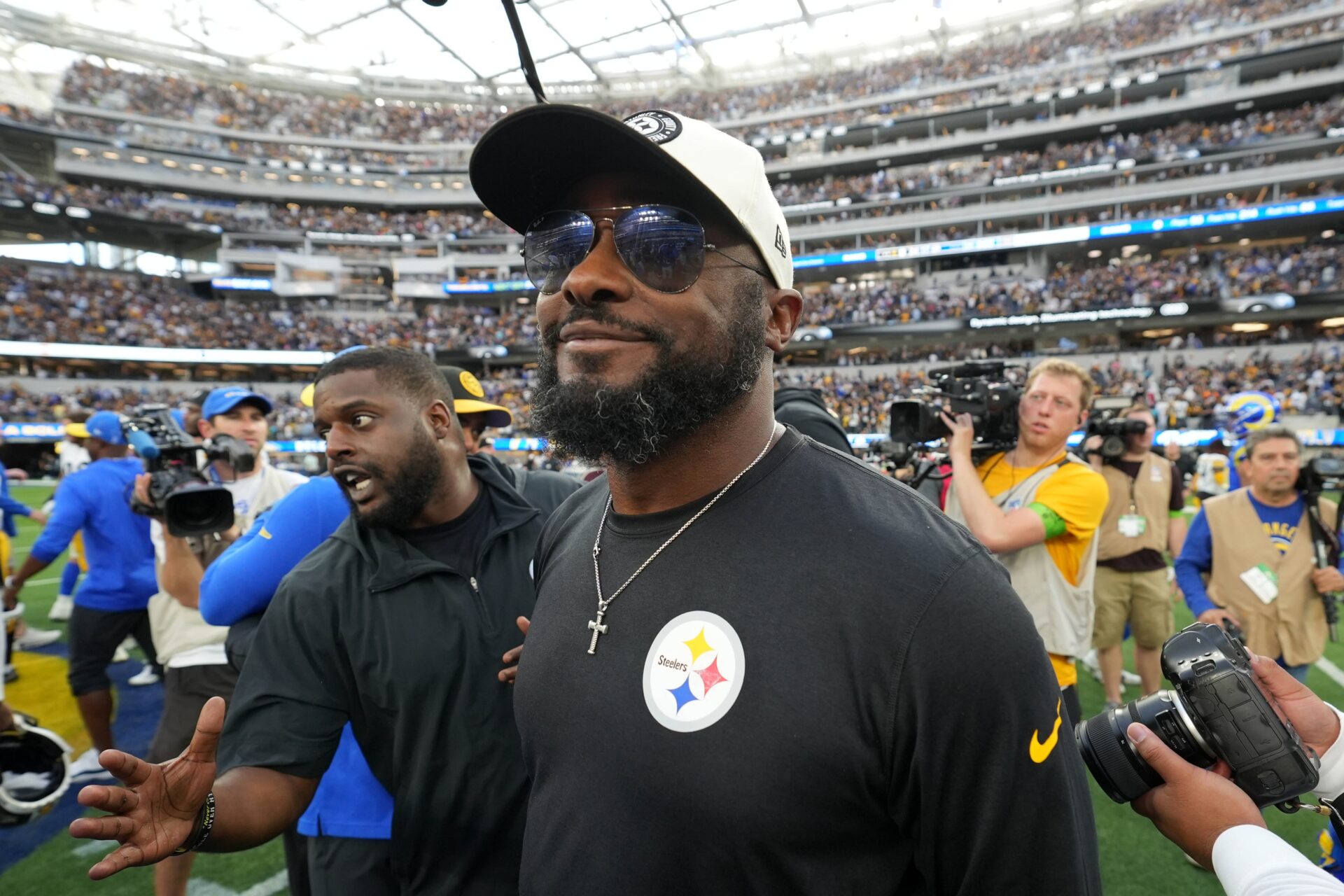 Pittsburgh Steelers head coach Mike Tomlin smirks after a win over the Los Angeles Rams.