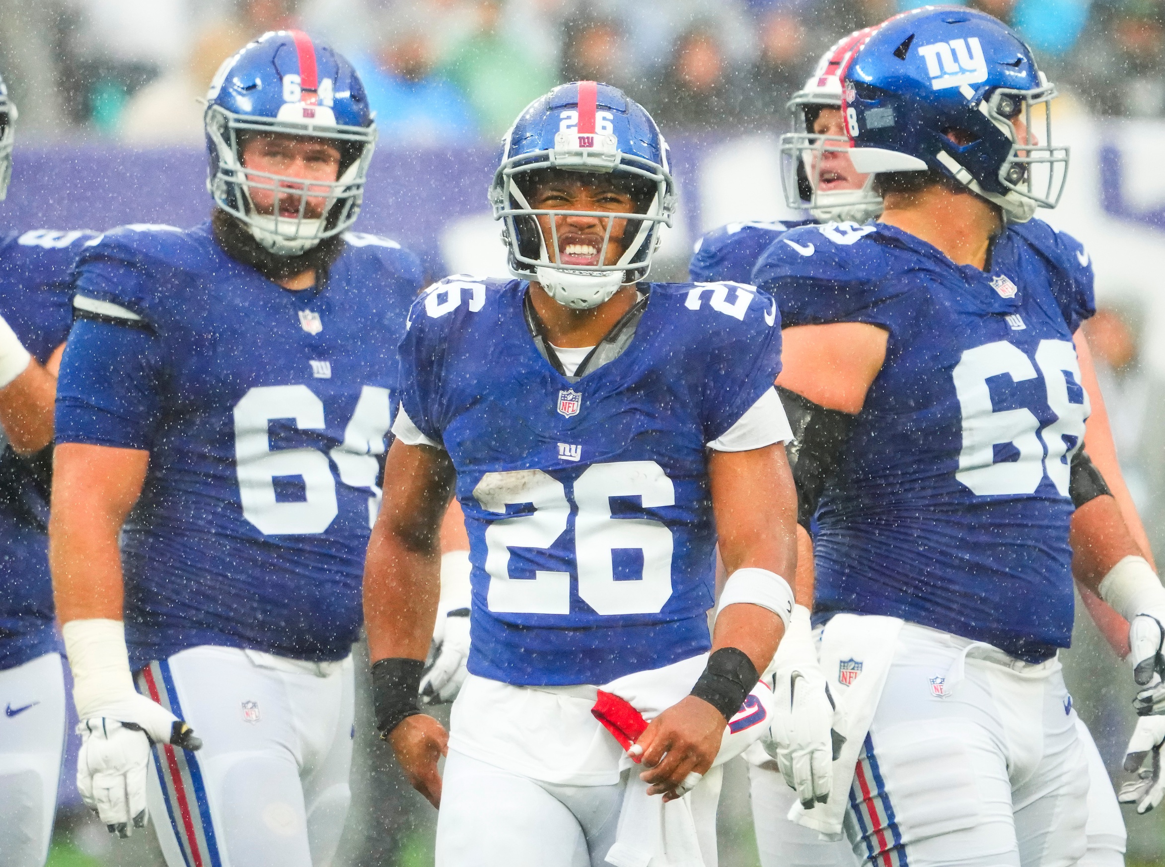 New York Giants running back Saquon Barkley (26) reacts after being stopped short of a first down by the New York Jets in the second half at MetLife Stadium.