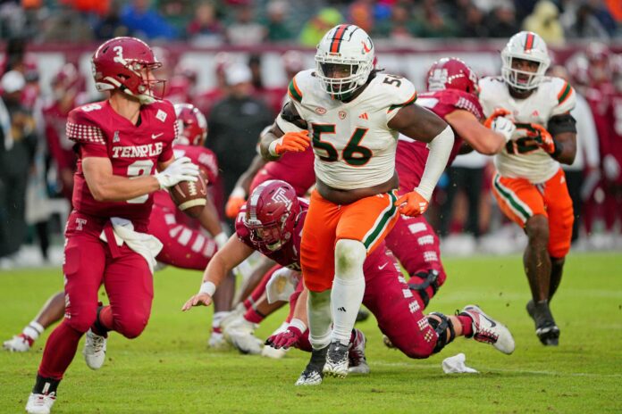 Miami Hurricanes defensive lineman Leonard Taylor III (56) pursues Temple Owls quarterback E.J. Warner (3) in the second half against the Temple Owls at Lincoln Financial Field.