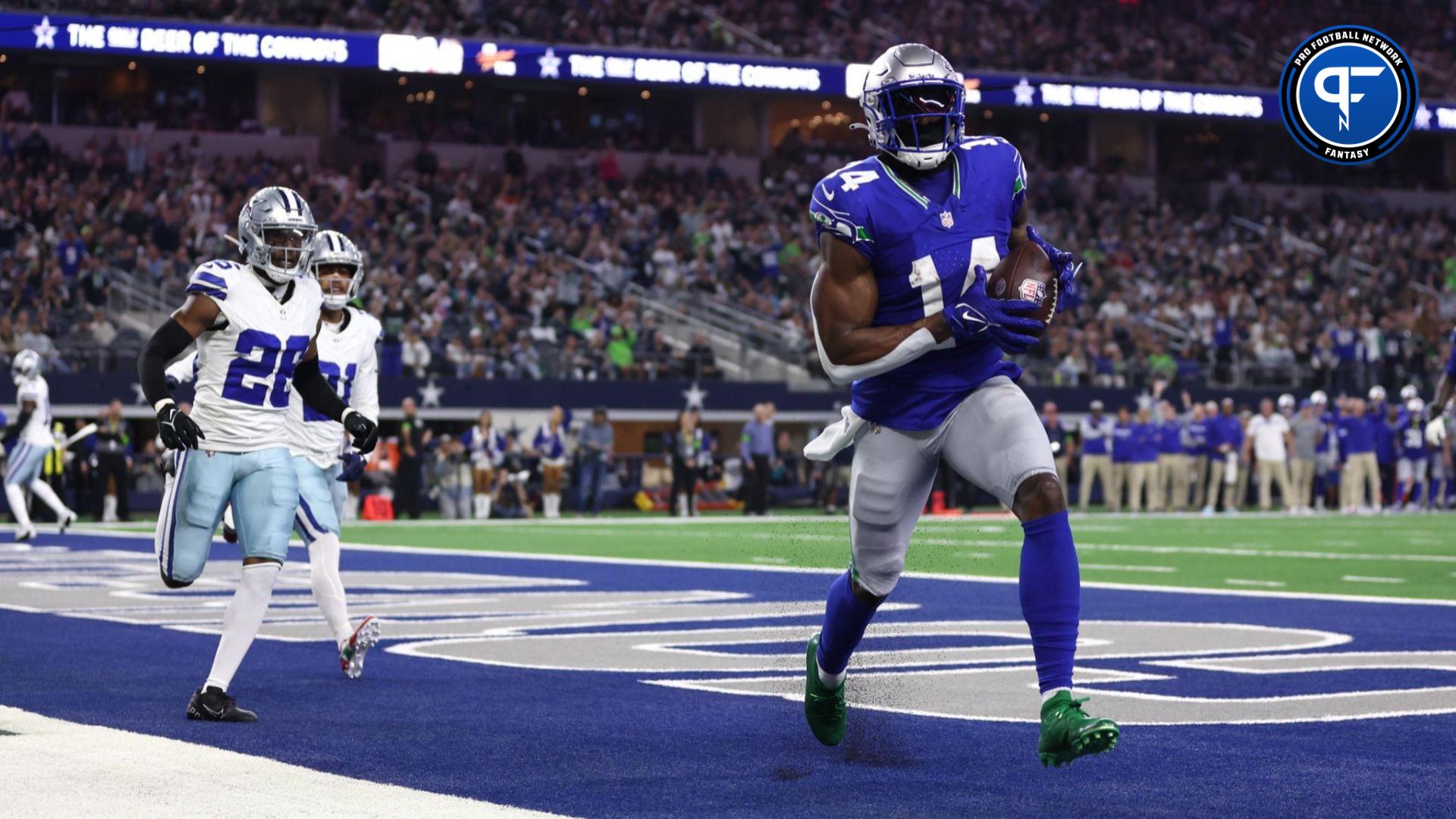 Seattle Seahawks WR DK Metcalf (14) catches a touchdown pass against the Dallas Cowboys.