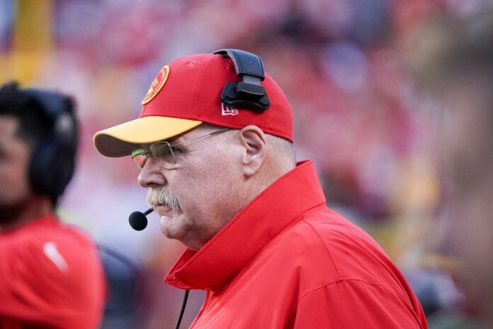 Kansas City Chiefs head coach Andy Reid watches play against the Los Angeles Chargers during the second half at GEHA Field at Arrowhead Stadium.