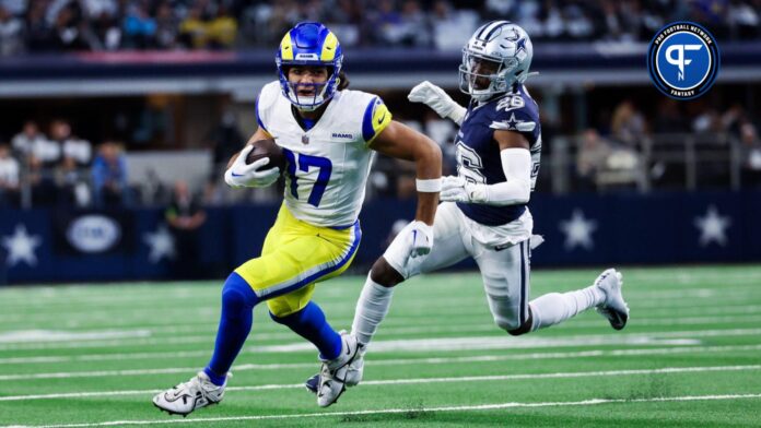 Los Angeles Rams WR Puka Nacua (17) runs after the catch against the Dallas Cowboys.