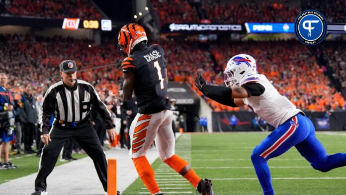 Cincinnati Bengals wide receiver Ja'Marr Chase (1) catches a pass in the end zone but the play is ruled not a catch in the first quarter of the NFL Week 9 game between the Cincinnati Bengals and the Buffalo Bills at Paycor Stadium in Cincinnati on Sunday, Nov. 5, 2023.
