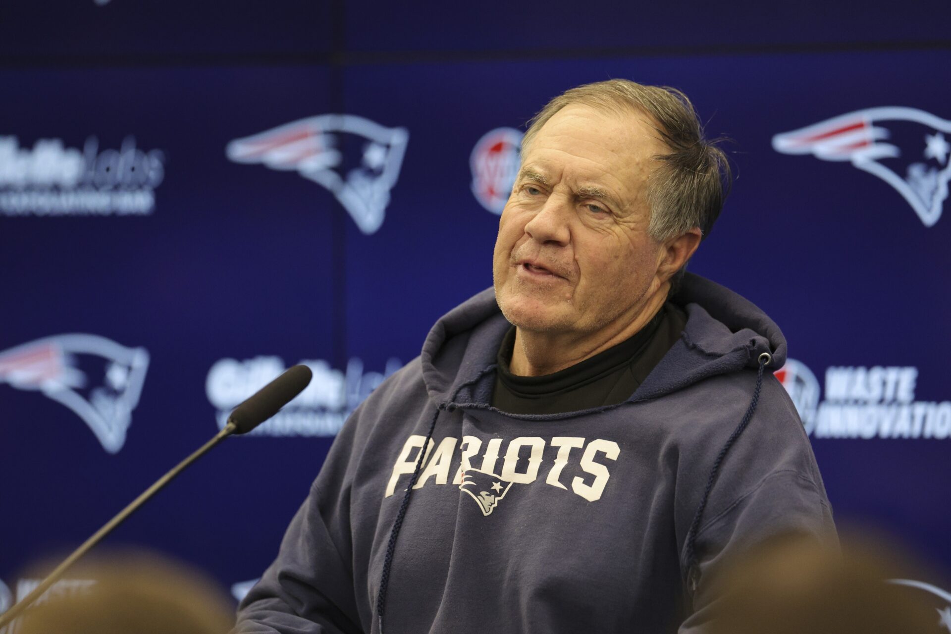 New England Patriots head coach Bill Belichick speaks to the media in Frankfurt, Germany.