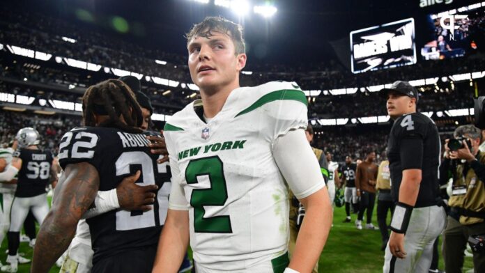 New York Jets quarterback Zach Wilson (2) reacts following the loss against the Las Vegas Raiders at Allegiant Stadium.
