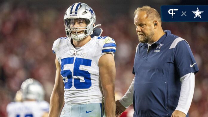 Dallas Cowboys linebacker Leighton Vander Esch (55) leaves the game after an injury during the fourth quarter against the San Francisco 49ers at Levi's Stadium.