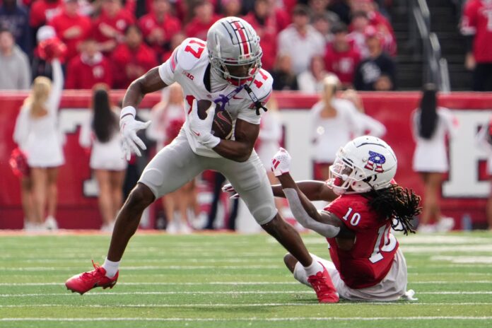 Ohio State WR Marvin Harrison Jr. runs after the catch.