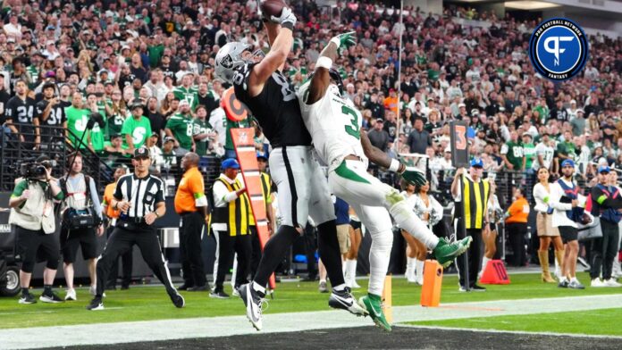Las Vegas Raiders TE Michael Mayer (87) reaches up for a touchdown against the New York Jets.