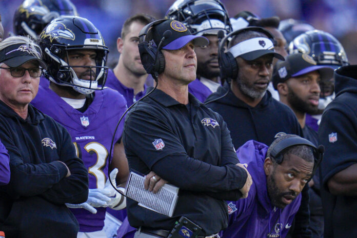 Baltimore Ravens head coach John Harbaugh looks on from the sidelines during the fourth quarter against the Seattle Seahawks at M&T Bank Stadium.