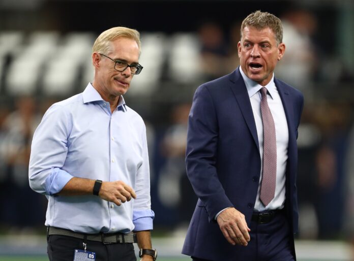 Fox announcers Joe Buck and Troy Aikman on the field prior to the game with the Dallas Cowboys playing against the Green Bay Packers at AT&T Stadium.