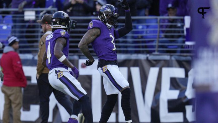 Baltimore Ravens wide receiver Odell Beckham Jr. (3) celebrates his touchdown against the Cleveland Browns.