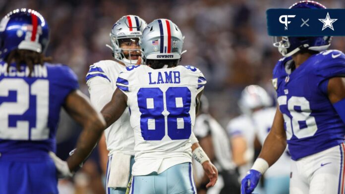 Dallas Cowboys wide receiver CeeDee Lamb (88) and Dallas Cowboys quarterback Dak Prescott (4) react after a touchdown during the second half against the New York Giants at AT&T Stadium.