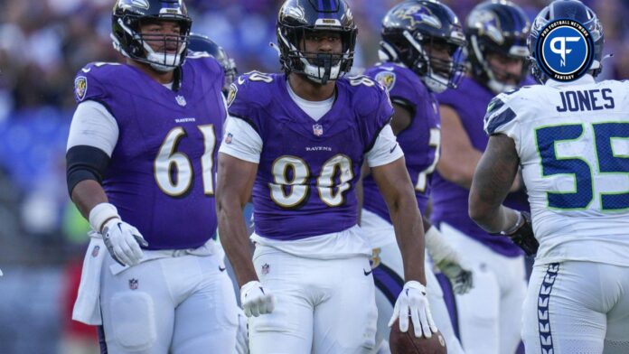 Baltimore Ravens TE Isaiah Likely (90) celebrates after a first down against the Seattle Seahawks.