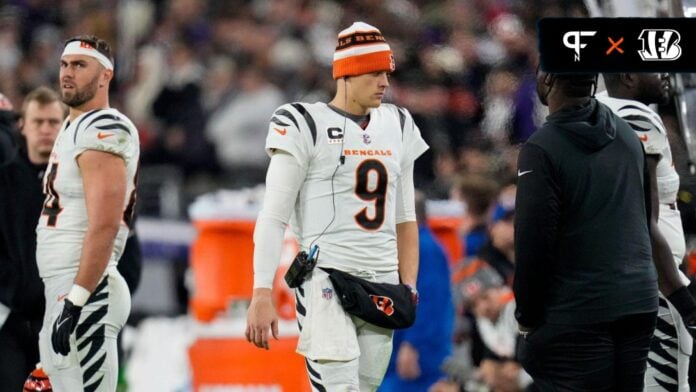Joe Burrow (9) paces the sideline in the third quarter of the NFL Week 11 game between the Baltimore Ravens and the Cincinnati Bengals at M&T Bank Stadium in Baltimore.