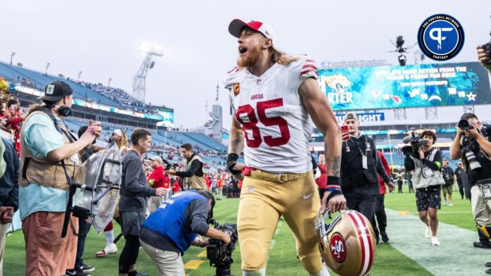 George Kittle (85) celebrate the win over the Jacksonville Jaguars after the game at EverBank Stadium.