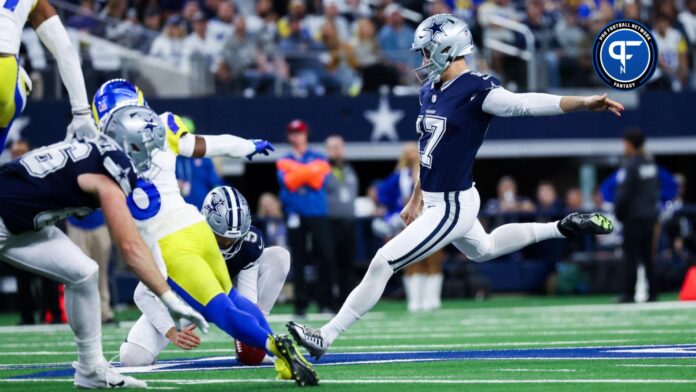 Dallas Cowboys place kicker Brandon Aubrey (17) kicks a field goal during the first quarter against the Los Angeles Rams at AT&T Stadium.