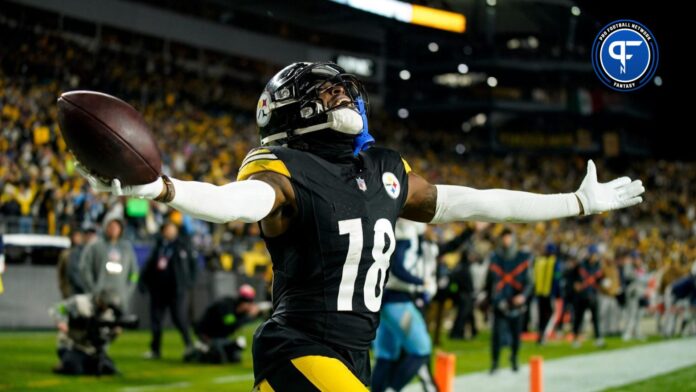 Pittsburgh Steelers wide receiver Diontae Johnson (18) celebrates his touchdown against the Tennessee Titans during the fourth quarter in Pittsburgh, Pa., Thursday, Nov. 2, 2023.