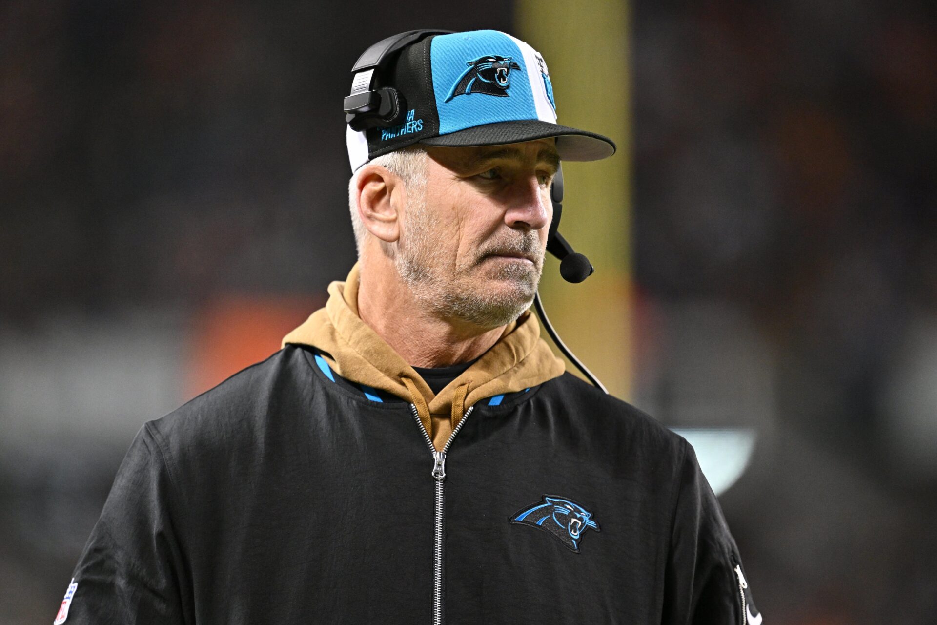 Carolina Panthers head coach Frank Reich watches his team play against the Chicago Bears.