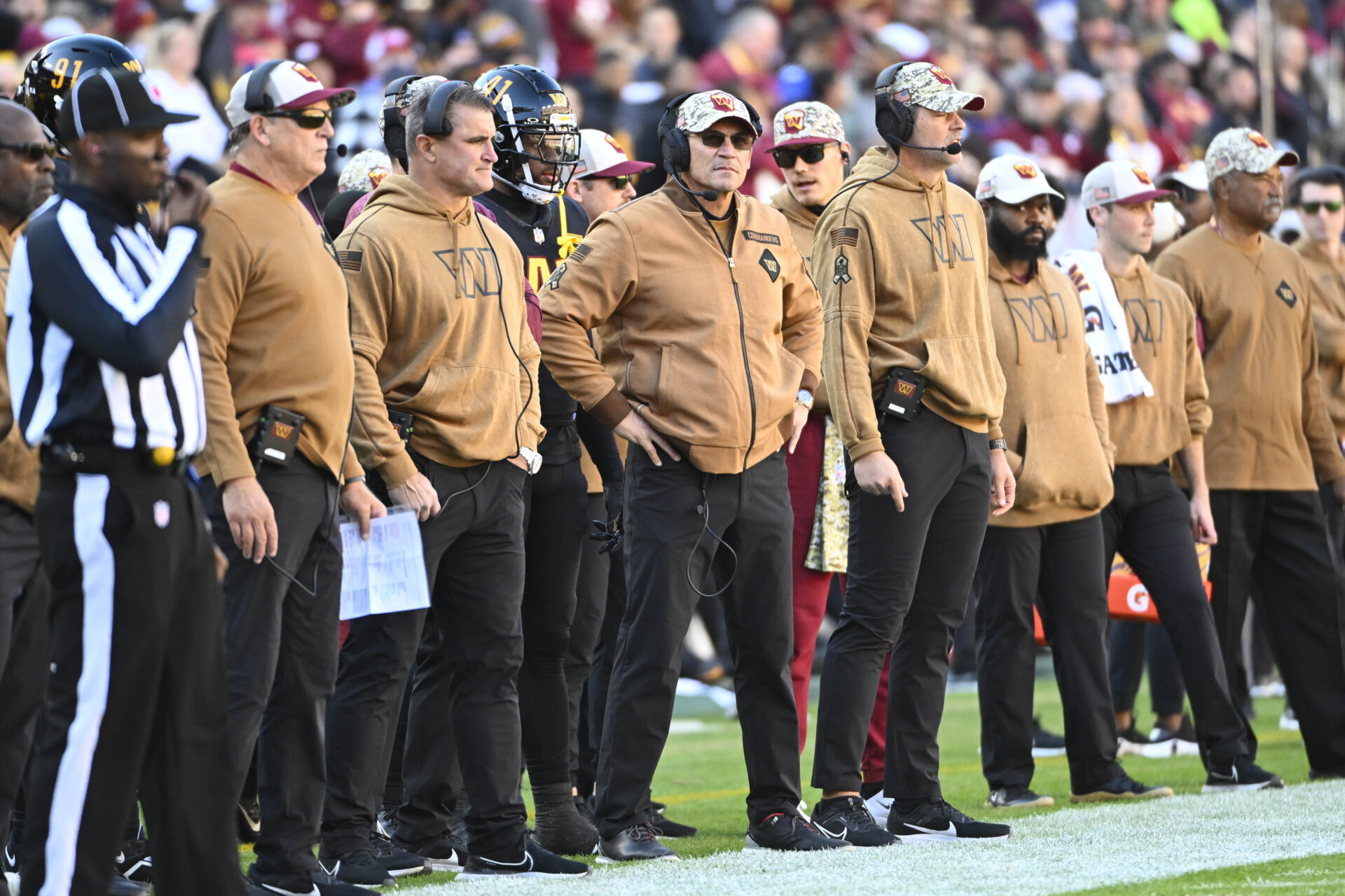 Washington Commanders head coach Ron Rivera looks on against the New York Giants during the first half at FedExField.