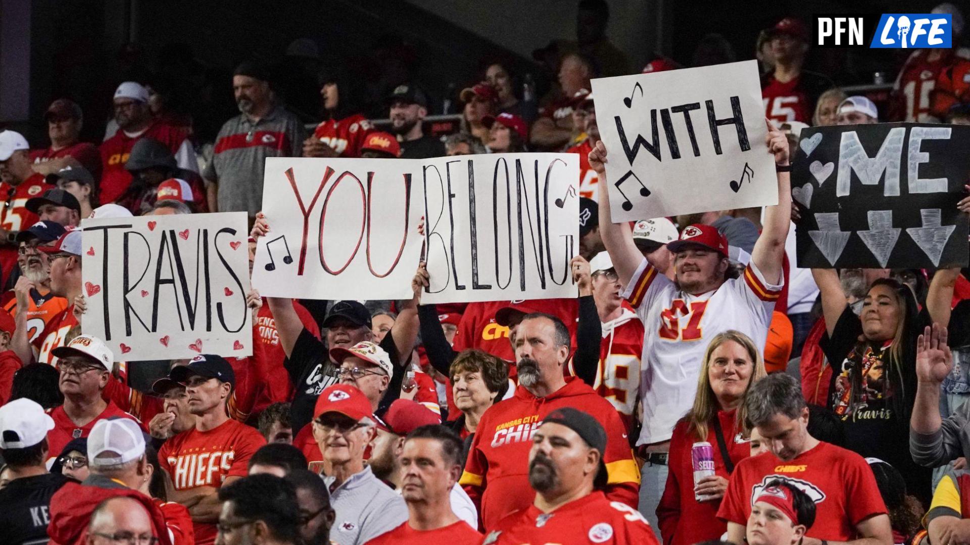 Kansas City, Missouri, USA; Kansas City Chiefs tight end Travis Kelce (87) (not pictured) and Taylor Swift fans show support against the Denver Broncos during the second half at GEHA Field at Arrowhead Stadium.