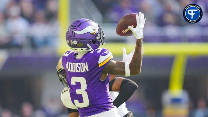 Minnesota Vikings wide receiver Jordan Addison (3) catches a pass against the New Orleans Saints in the first quarter at U.S. Bank Stadium.