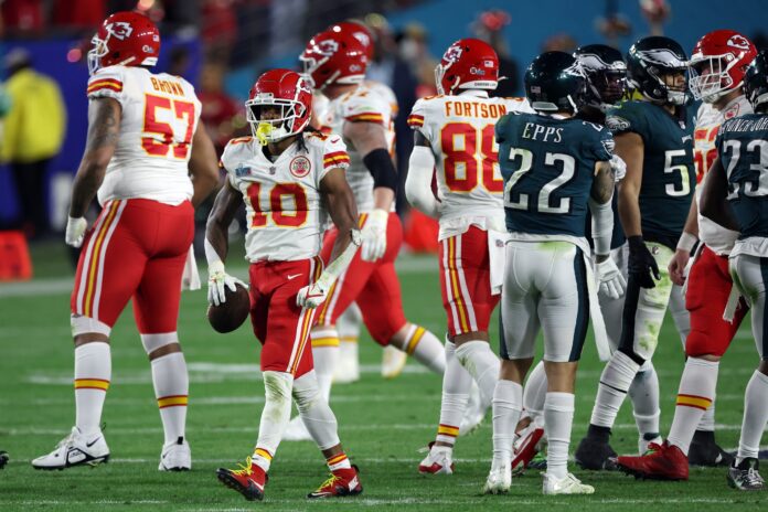 Kansas City Chiefs running back Isiah Pacheco (10) reacts after a play in the third quarter against the Philadelphia Eagles of Super Bowl LVII at State Farm Stadium.