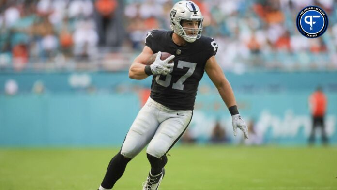 Las Vegas Raiders TE Michael Mayer (87) runs after the catch against the Miami Dolphins.
