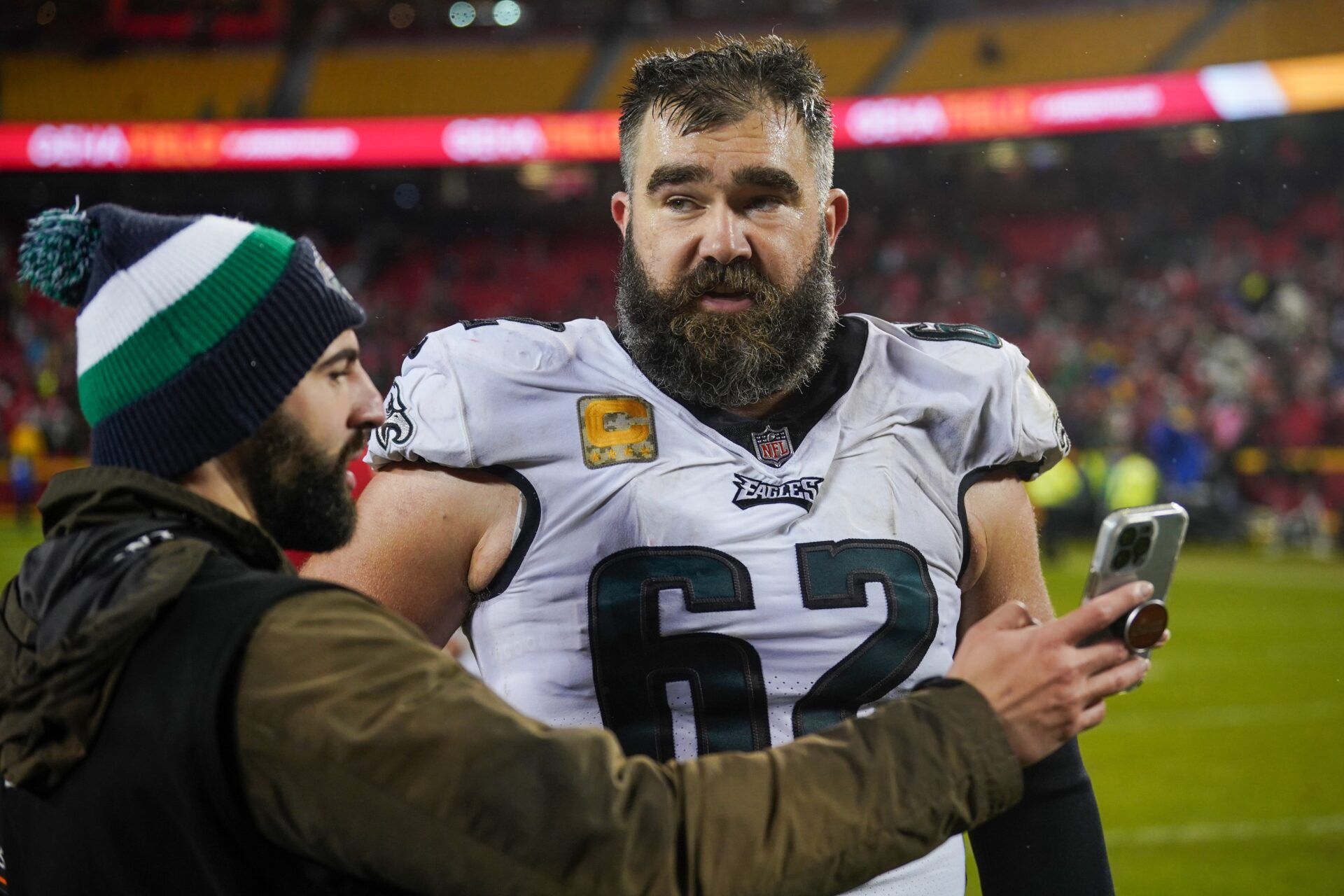 Philadelphia Eagles center Jason Kelce (62) speaks with ESPN’s Mike Powers after the win over the Kansas City Chiefs at GEHA Field at Arrowhead Stadium.