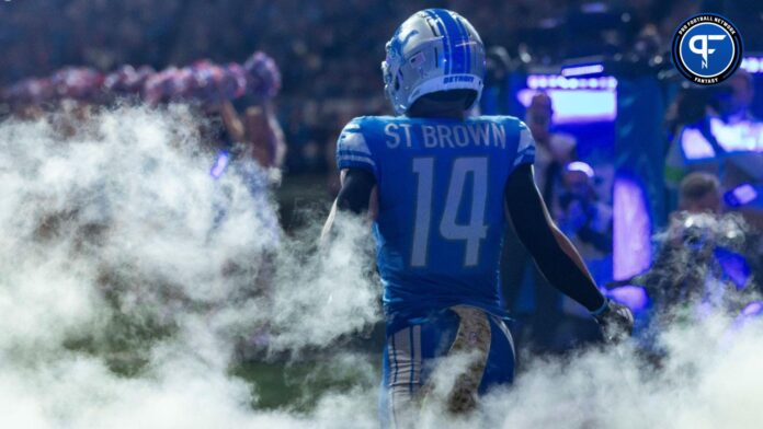Detroit Lions wide receiver Amon-Ra St. Brown (14) is introduced before the game against the Chicago Bears at Ford Field.