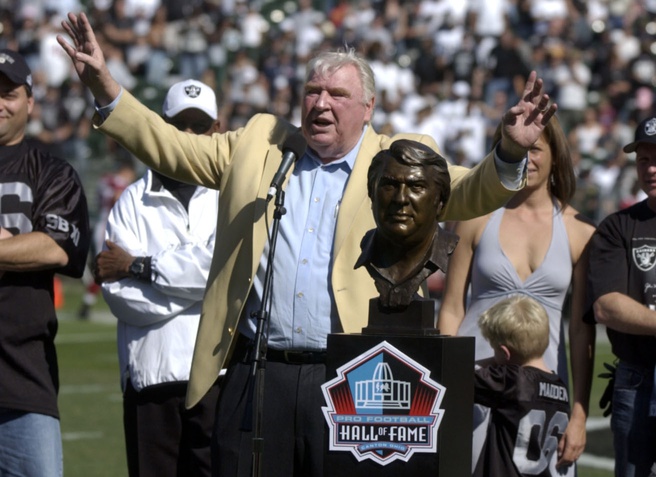 Former Oakland Raiders head coach John Madden thanks all the Raiders' fans during a ceremony to celebrate his recent induction into the Pro Football Hall of Fame before the Raiders game against the Arizona Cardinals at McAfee Coliseum in Oakland, CA.