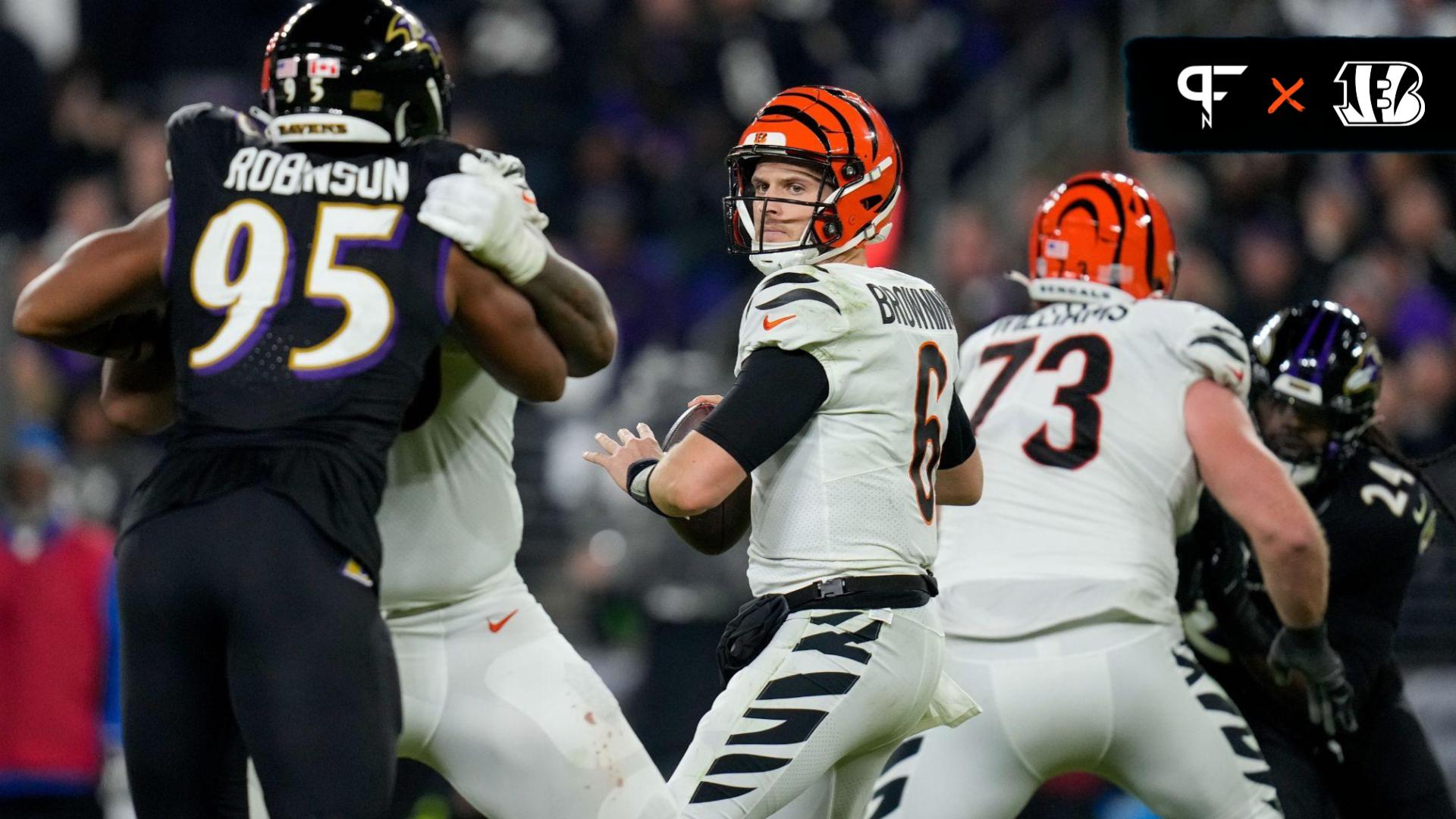 Cincinnati Bengals QB Jake Browning (6) prepares to throw a pass against the Baltimore Ravens.