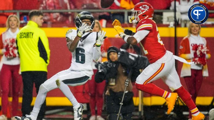 Philadelphia Eagles wide receiver DeVonta Smith (6) catches a pass against Kansas City Chiefs safety Mike Edwards (21) during the second half at GEHA Field at Arrowhead Stadium.