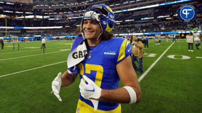 Los Angeles Rams wide receiver Puka Nacua (17) celebrates after defeating the Seattle Seahawks at SoFi Stadium.