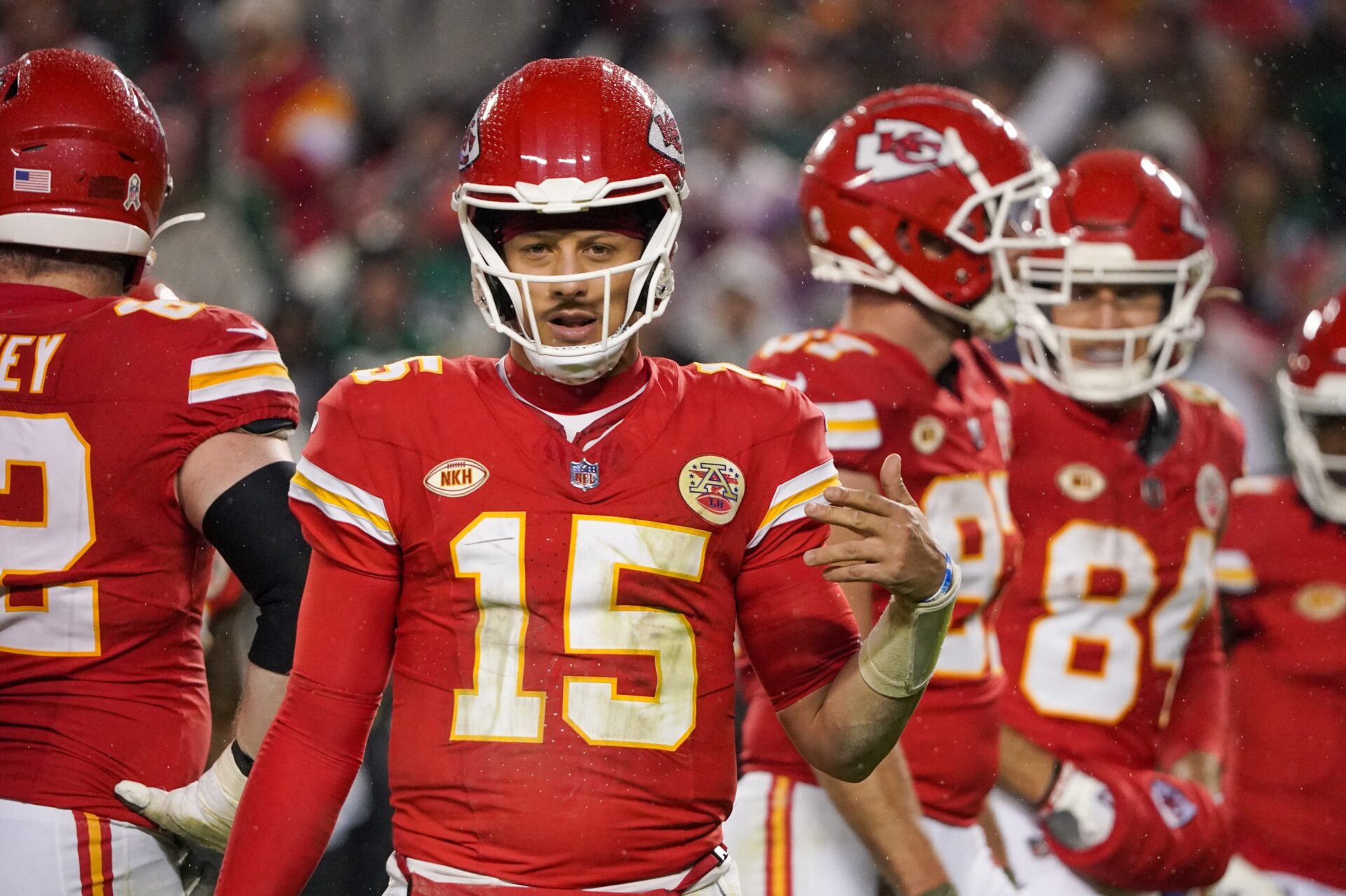 Kansas City Chiefs QB Patrick Mahomes (15) gestures to the sidelines against the Philadelphia Eagles.