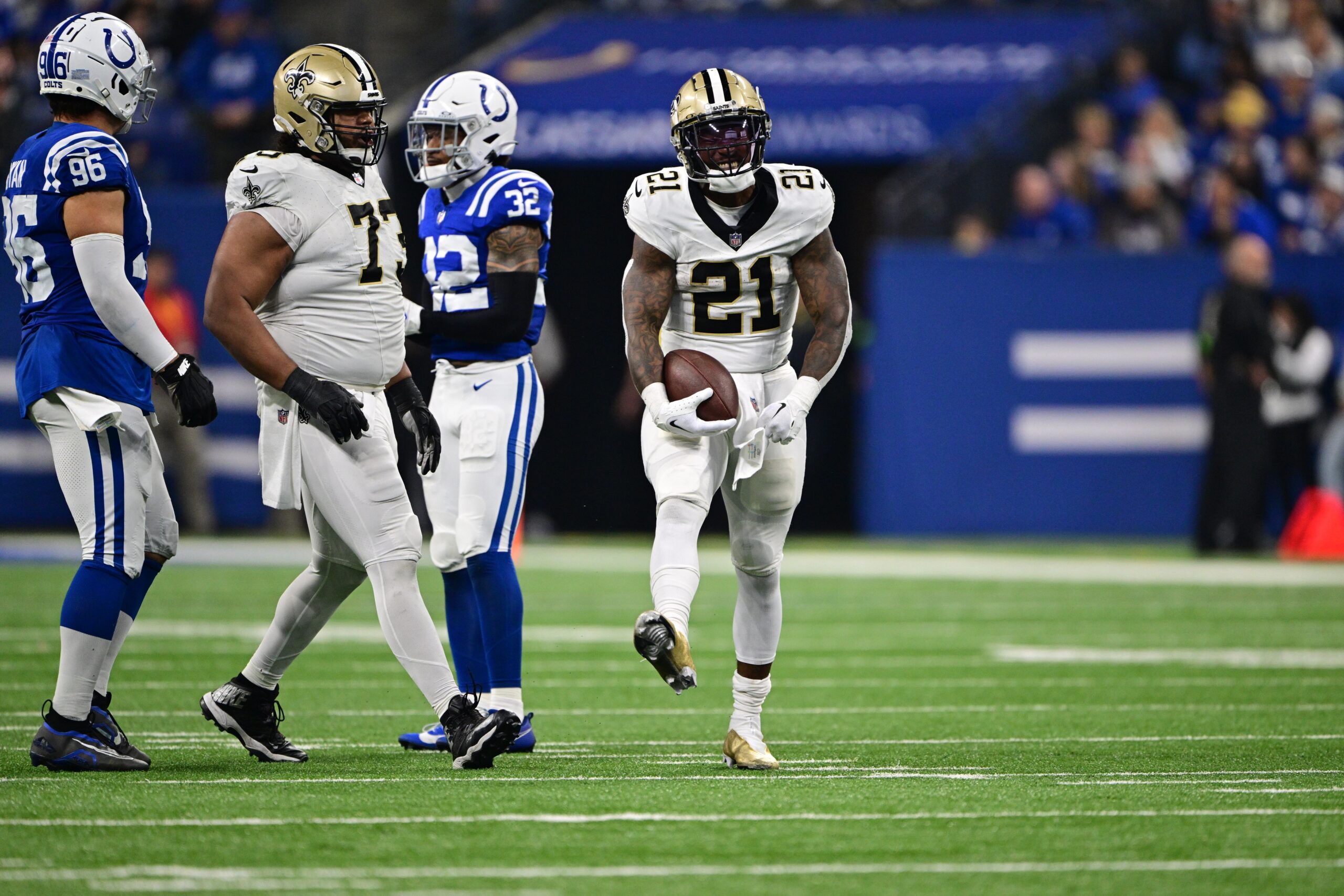 New Orleans Saints RB Jamaal Williams (21) reacts against the Indianapolis Colts.