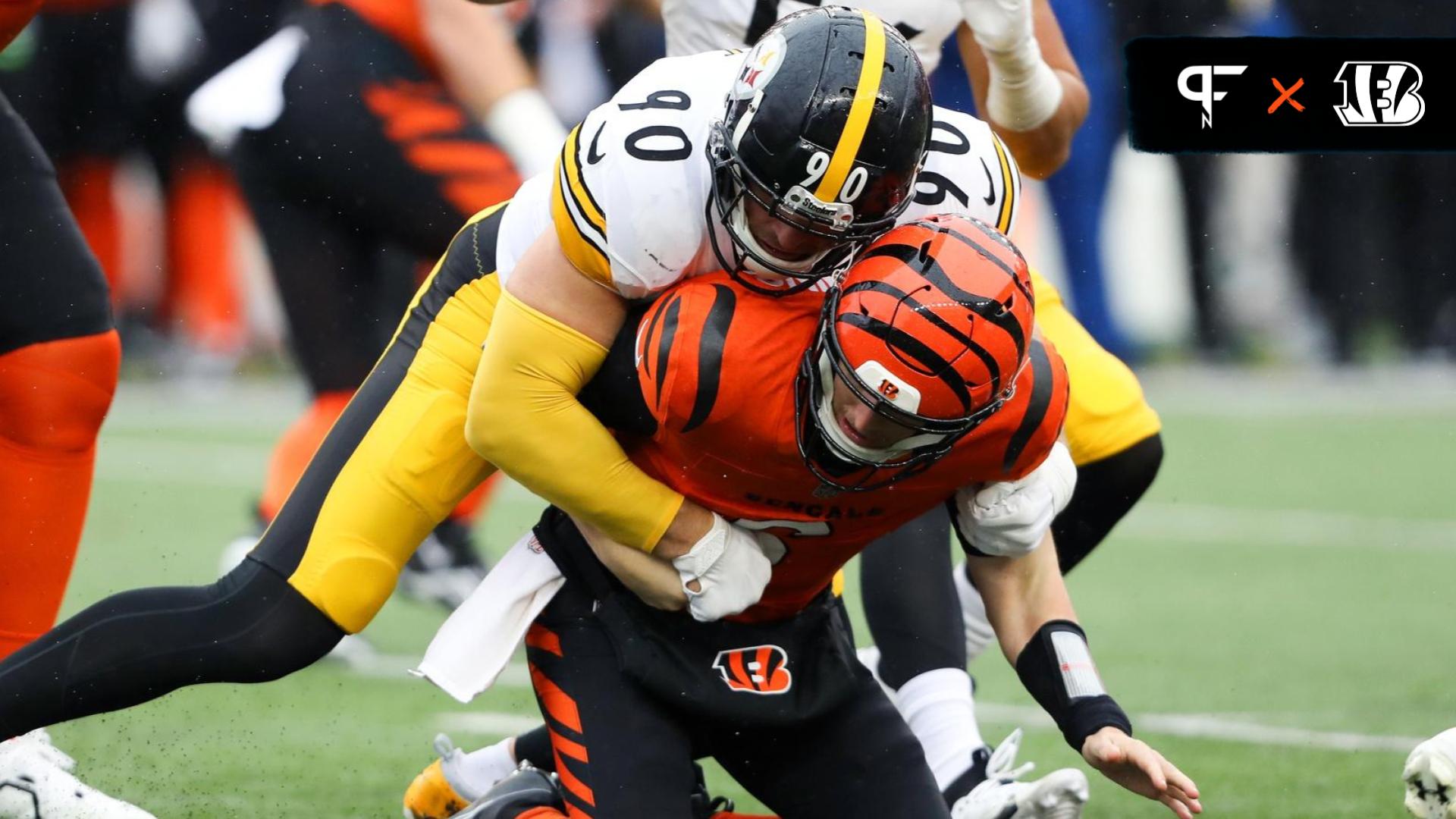 Pittsburgh Steelers linebacker T.J. Watt (90) sacks Cincinnati Bengals quarterback Jake Browning (6) during the first quarter at Paycor Stadium.