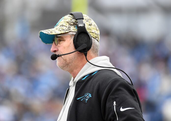Carolina Panthers head coach Frank Reich looks on from the sideline during the second half against the Tennessee Titans at Nissan Stadium.