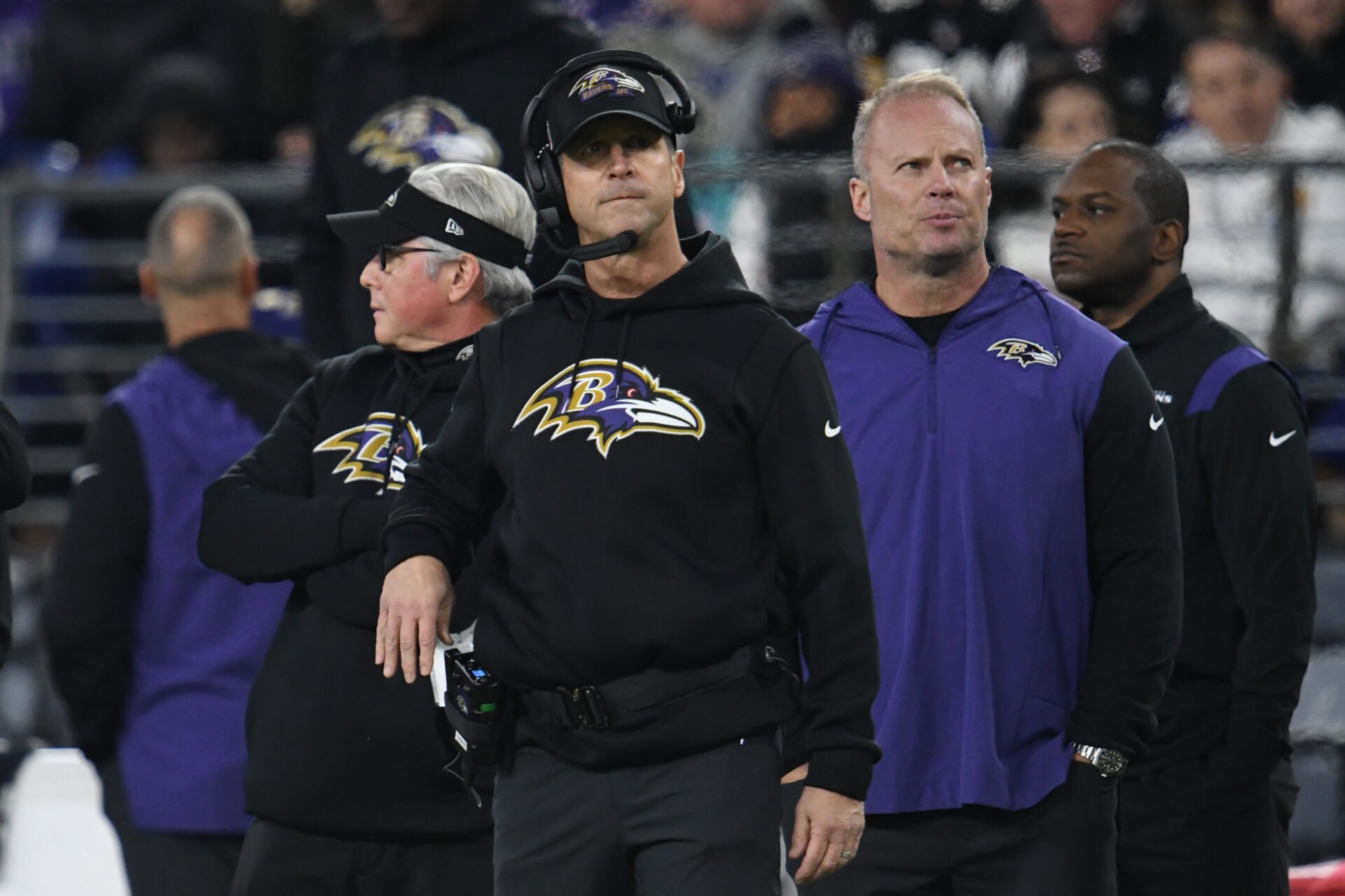 Baltimore Ravens head coach John Harbaugh looks onto the field during the game against the Pittsburgh Steelers at M&T Bank Stadium.