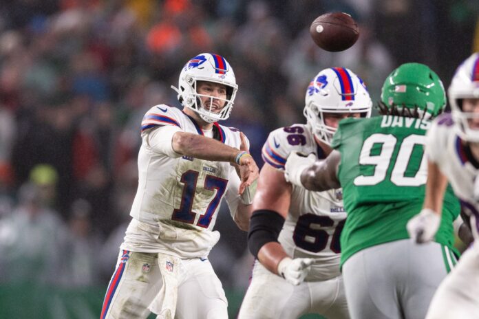 Josh Allen (17) passes the ball against the Philadelphia Eagles during the first quarter at Lincoln Financial Field.