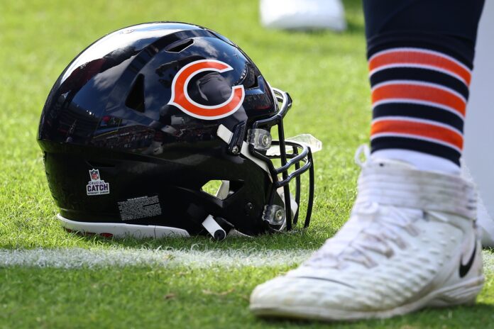 A detailed view of the Chicago Bears helmet before the game against the Minnesota Vikings at Soldier Field.
