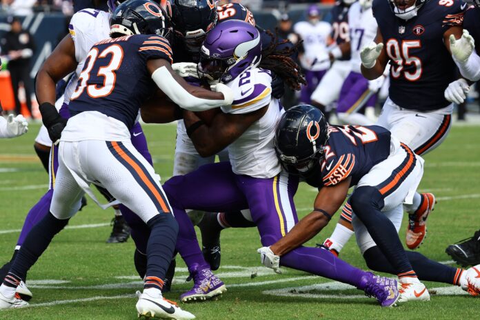 Minnesota Vikings running back Alexander Mattison (2) rushes the ball against the Chicago Bears during the second half at Soldier Field.