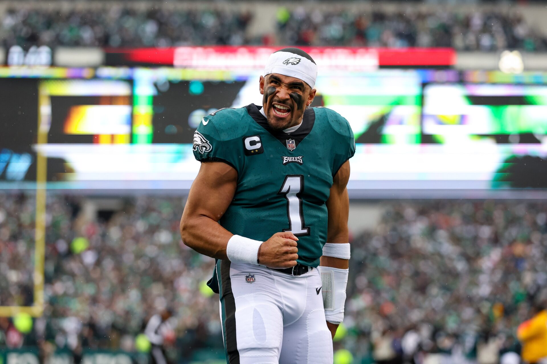 Philadelphia Eagles quarterback Jalen Hurts (1) reacts before the start of the NFC Championship game against the San Francisco 49ers at Lincoln Financial Field.