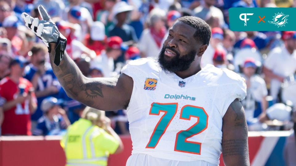 Miami Dolphins offensive tackle Terron Armstead (72) reacts to the crowd before a game against the Buffalo Bills at Highmark Stadium.
