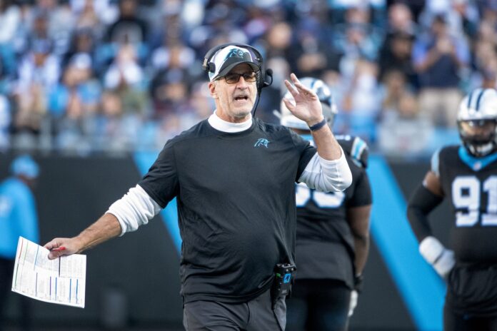 Carolina Panthers head coach Frank Reich on the sidelines in the third quarter at Bank of America Stadium.