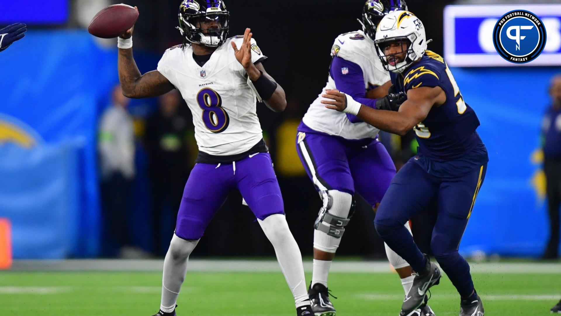 Baltimore Ravens QB Lamar Jackson (8) throws a pass against the Los Angeles Chargers.