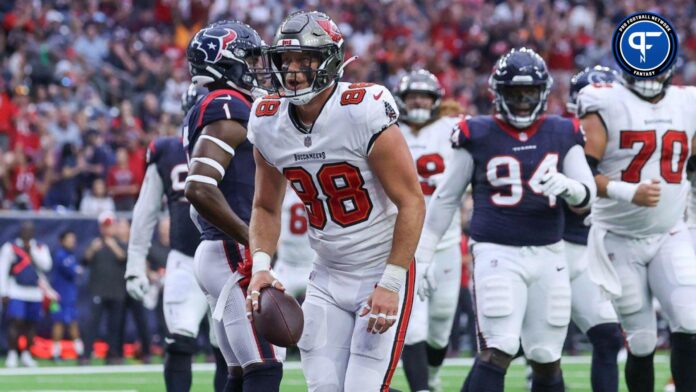 Tampa Bay Buccaneers tight end Cade Otton (88) reacts after scoring a touchdown during the first quarter against the Houston Texans at NRG Stadium.