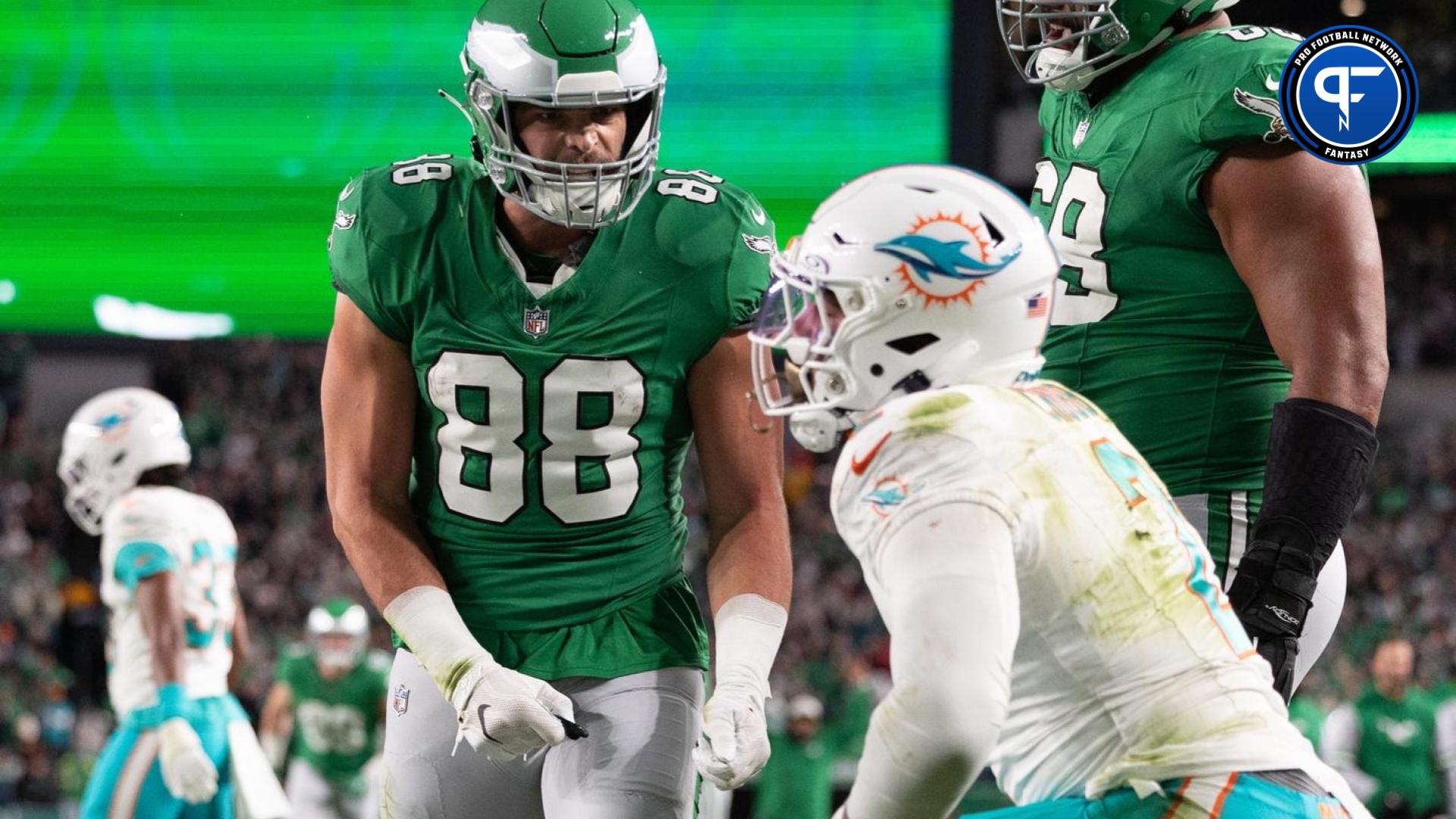 Philadelphia Eagles TE Dallas Goedert (88) reacts after a touchdown against the Miami Dolphins.