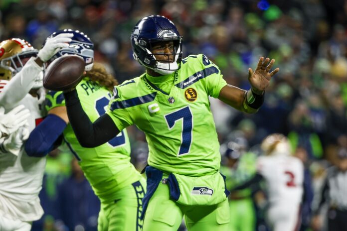 Seattle Seahawks quarterback Geno Smith (7) passes against the San Francisco 49ers during the third quarter at Lumen Field.