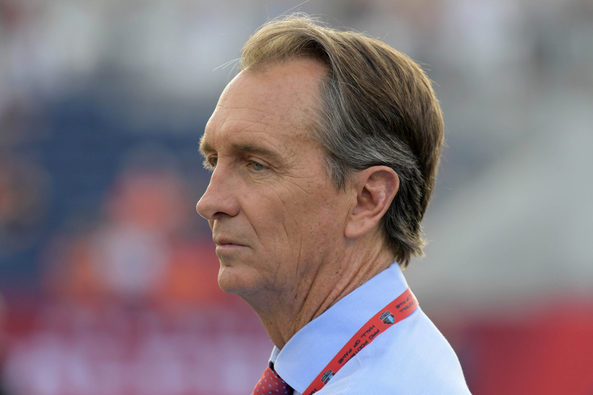 NBC Sunday Night Football analyst Cris Collinsworth during the Pro Football Hall of Fame Game between the Denver Broncos and the Atlanta Falcons at Tom Benson Hall of Fame Stadium.